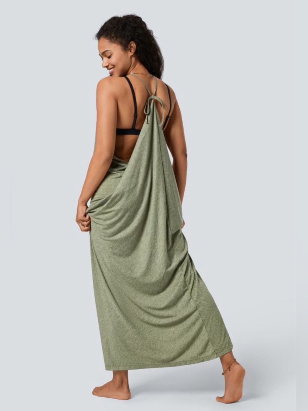 NWT Halara V Neck Tie Back Ruched Maxi Slip Dress Light Green Floral Yarn S - Picture 3 of 8
